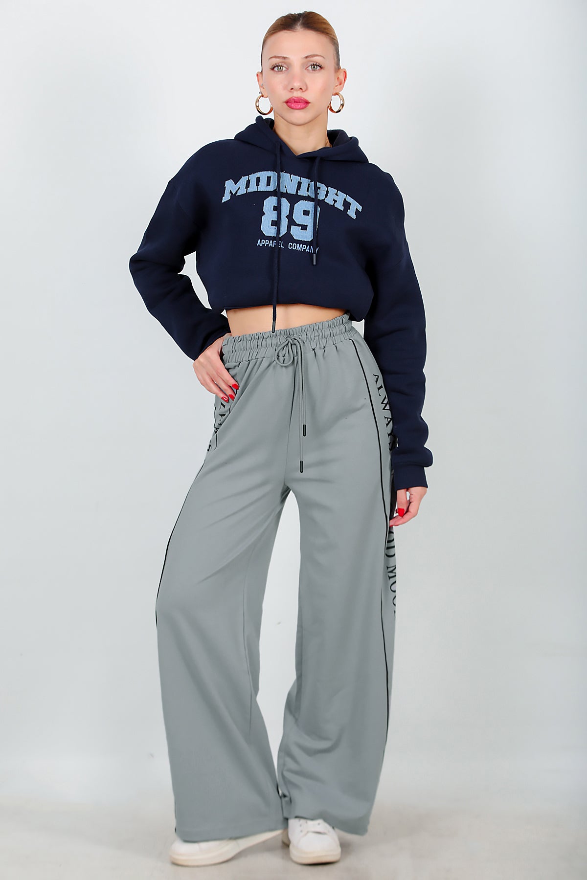 Kadın Yan Şeritli Baskılı Eşofman Gri