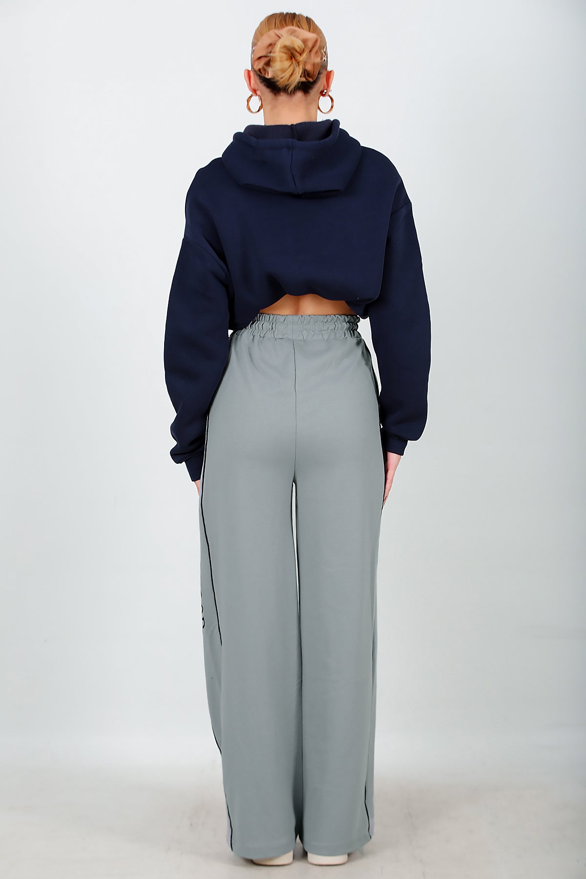 Kadın Yan Şeritli Baskılı Eşofman Gri