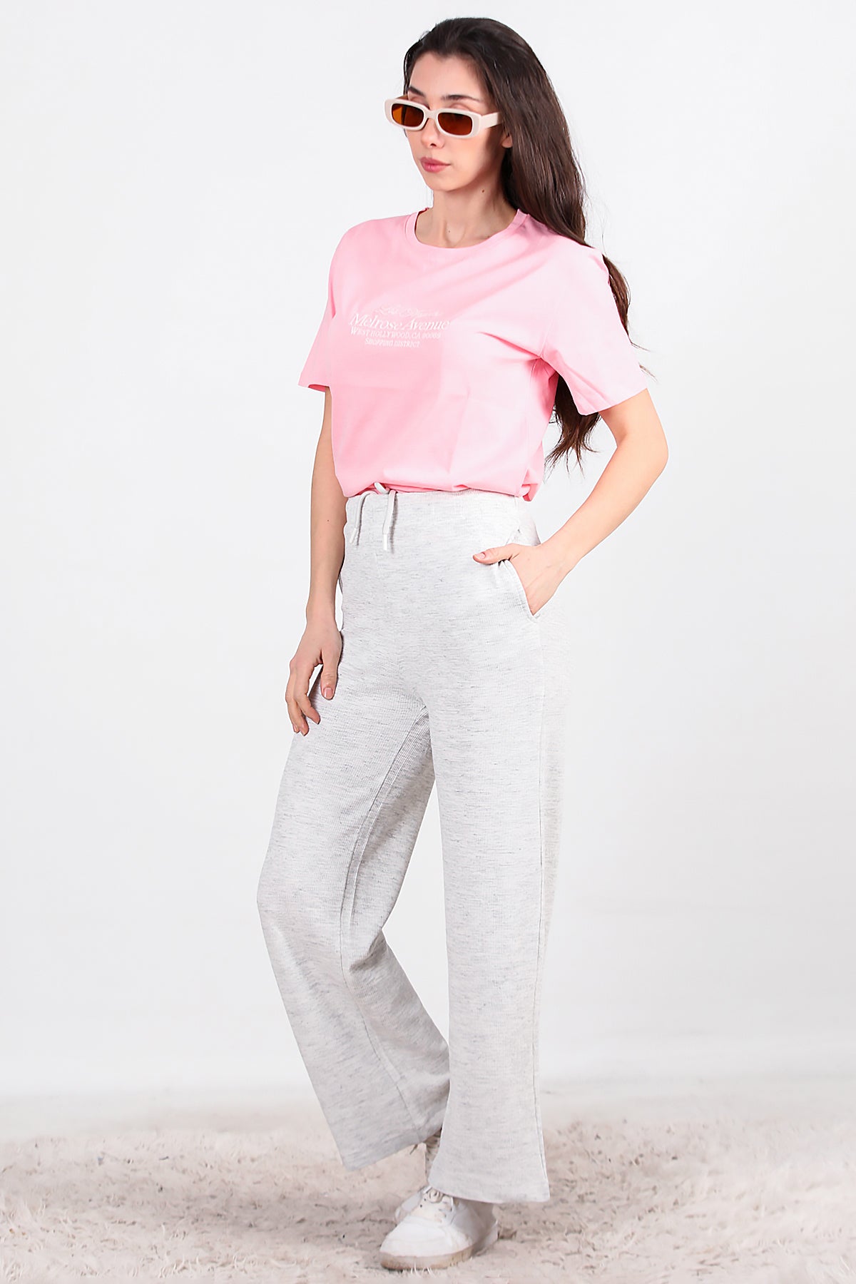 Kadın Bol Paça Waffle Eşofman Ekru