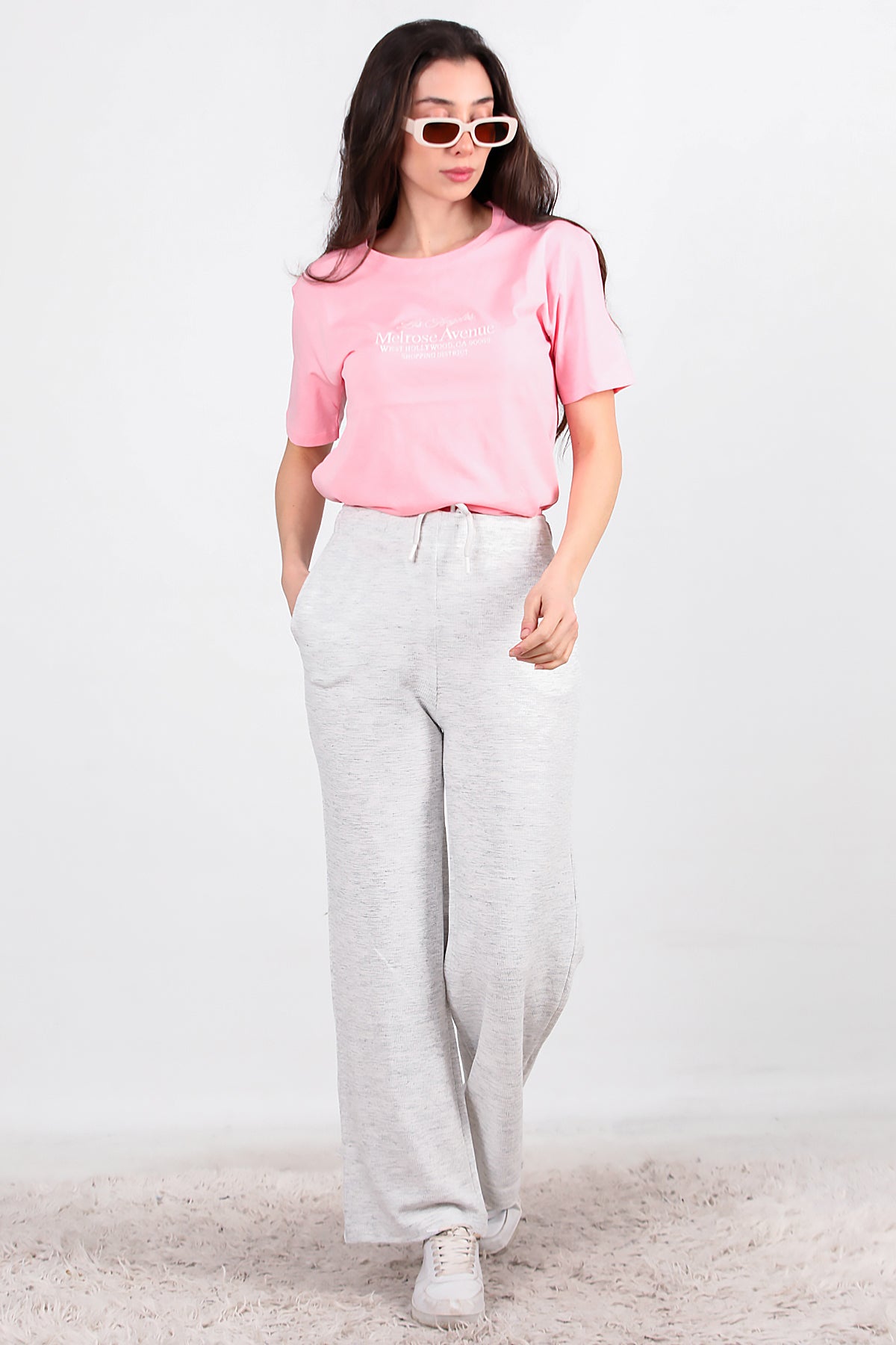 Kadın Bol Paça Waffle Eşofman Ekru