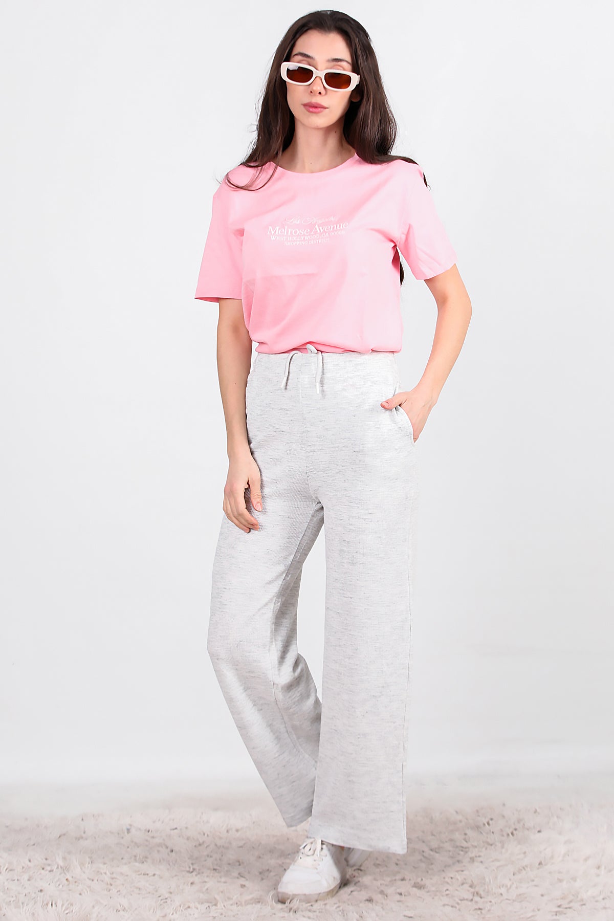 Kadın Bol Paça Waffle Eşofman Ekru