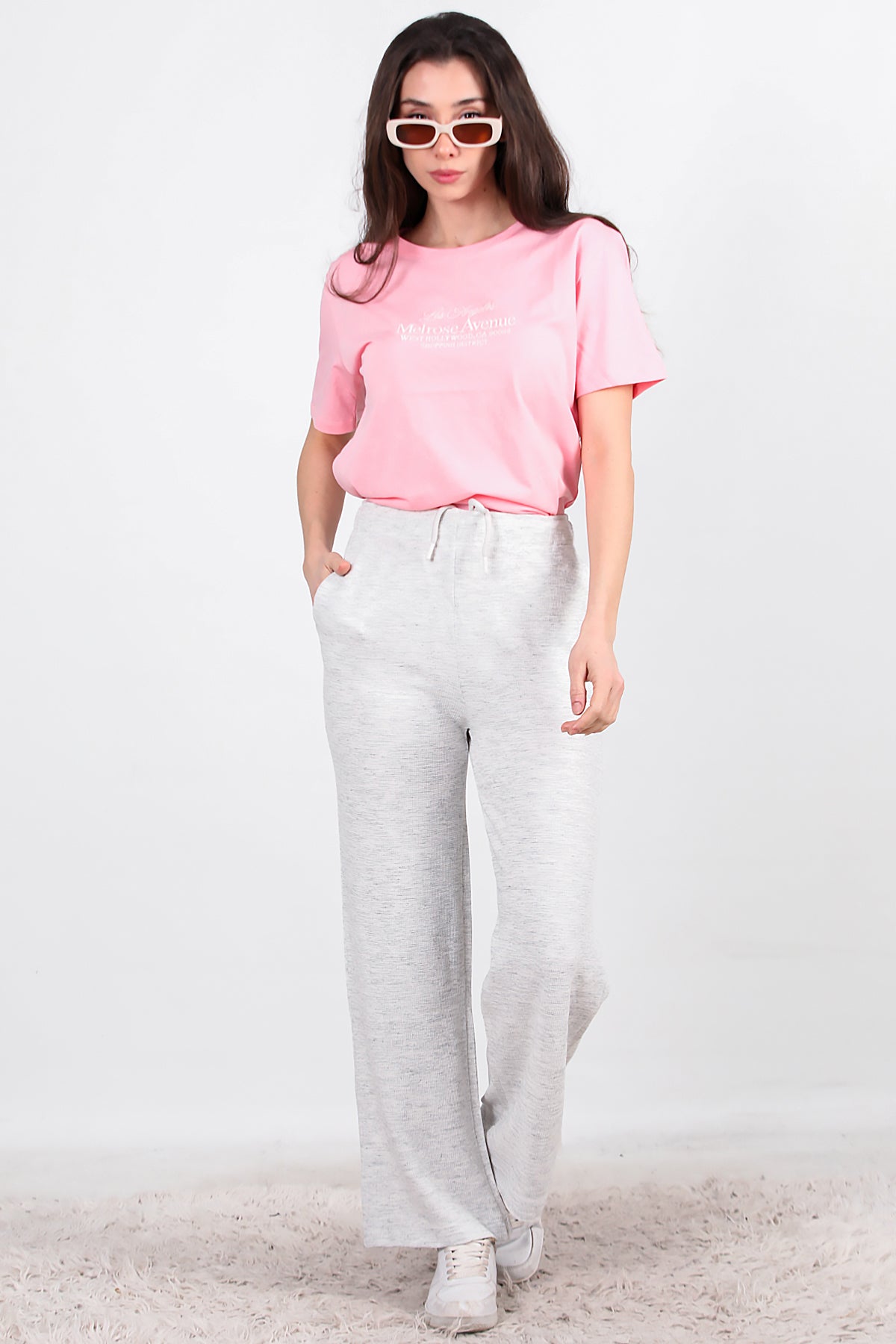 Kadın Bol Paça Waffle Eşofman Ekru