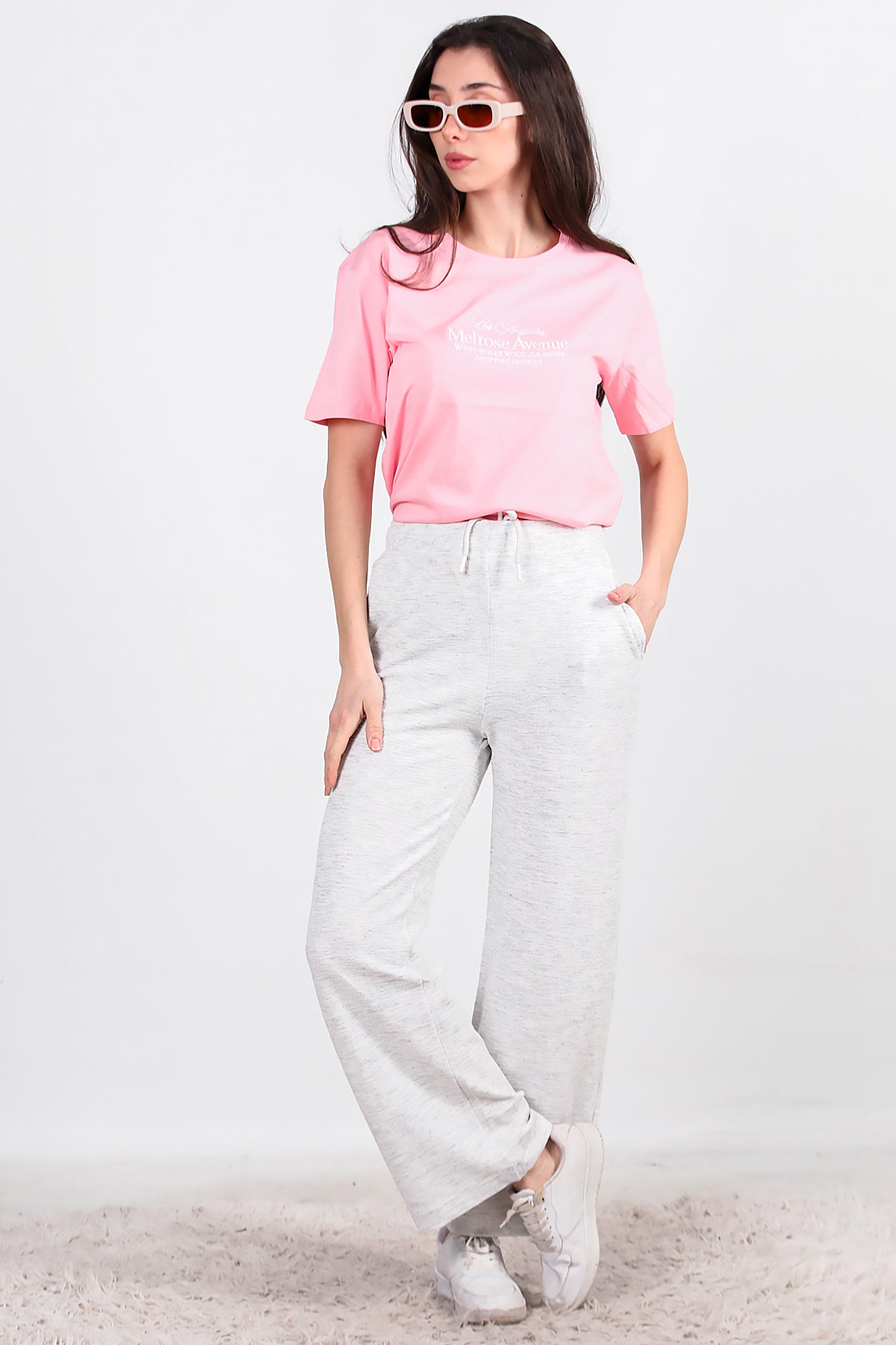 Kadın Bol Paça Waffle Eşofman Ekru