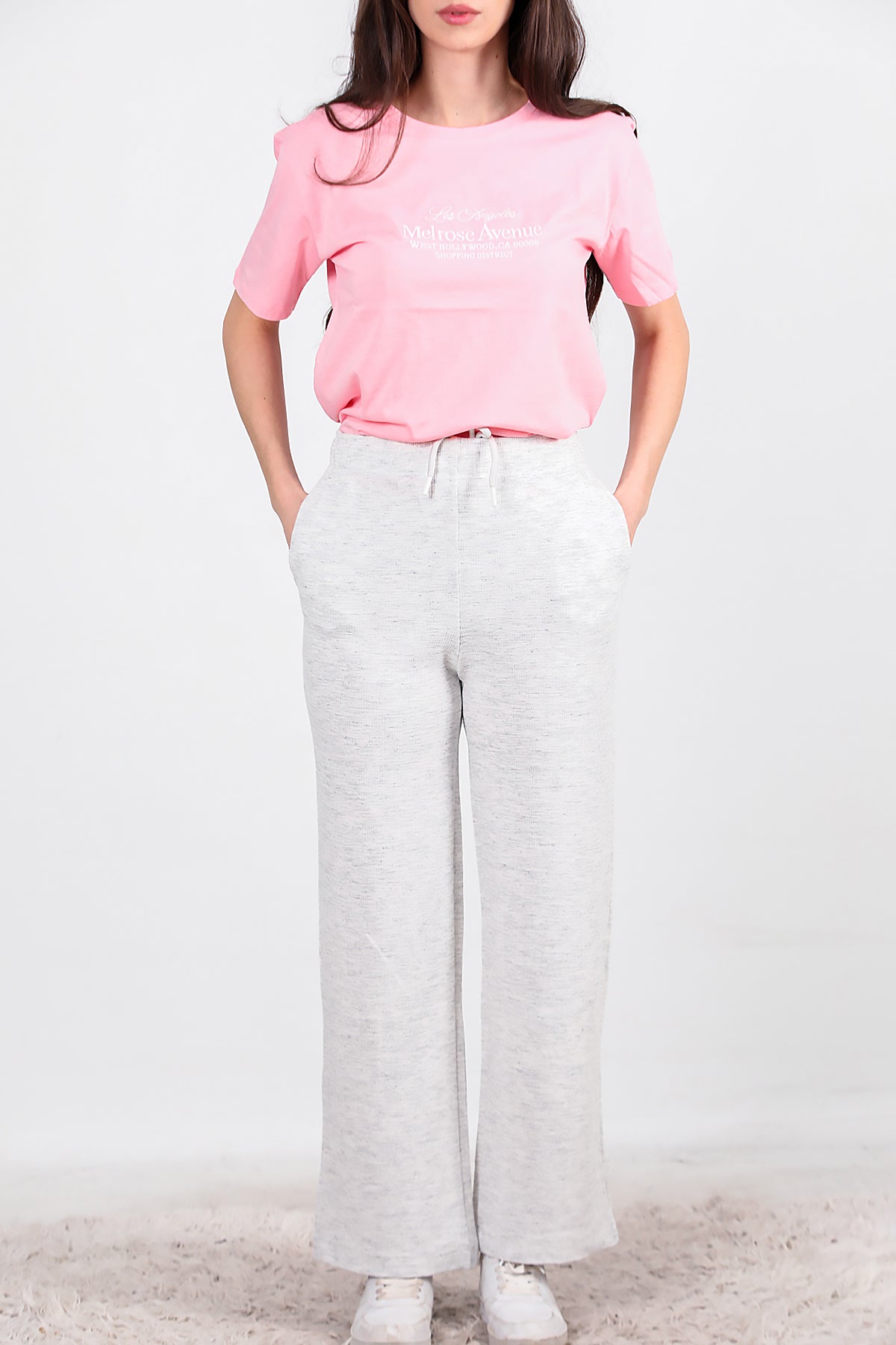 Kadın Bol Paça Waffle Eşofman Ekru