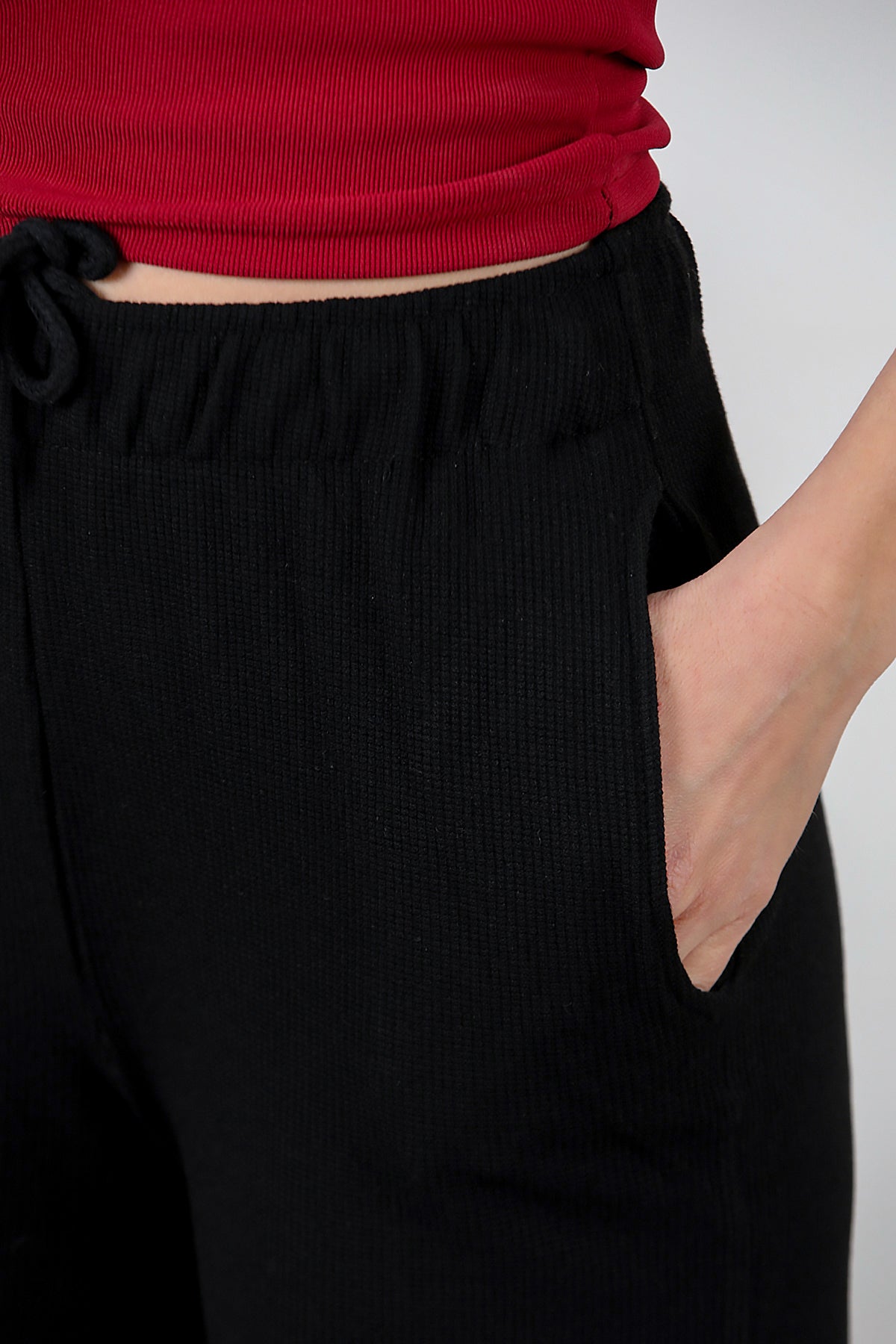 Kadın Bol Paça Waffle Eşofman Siyah