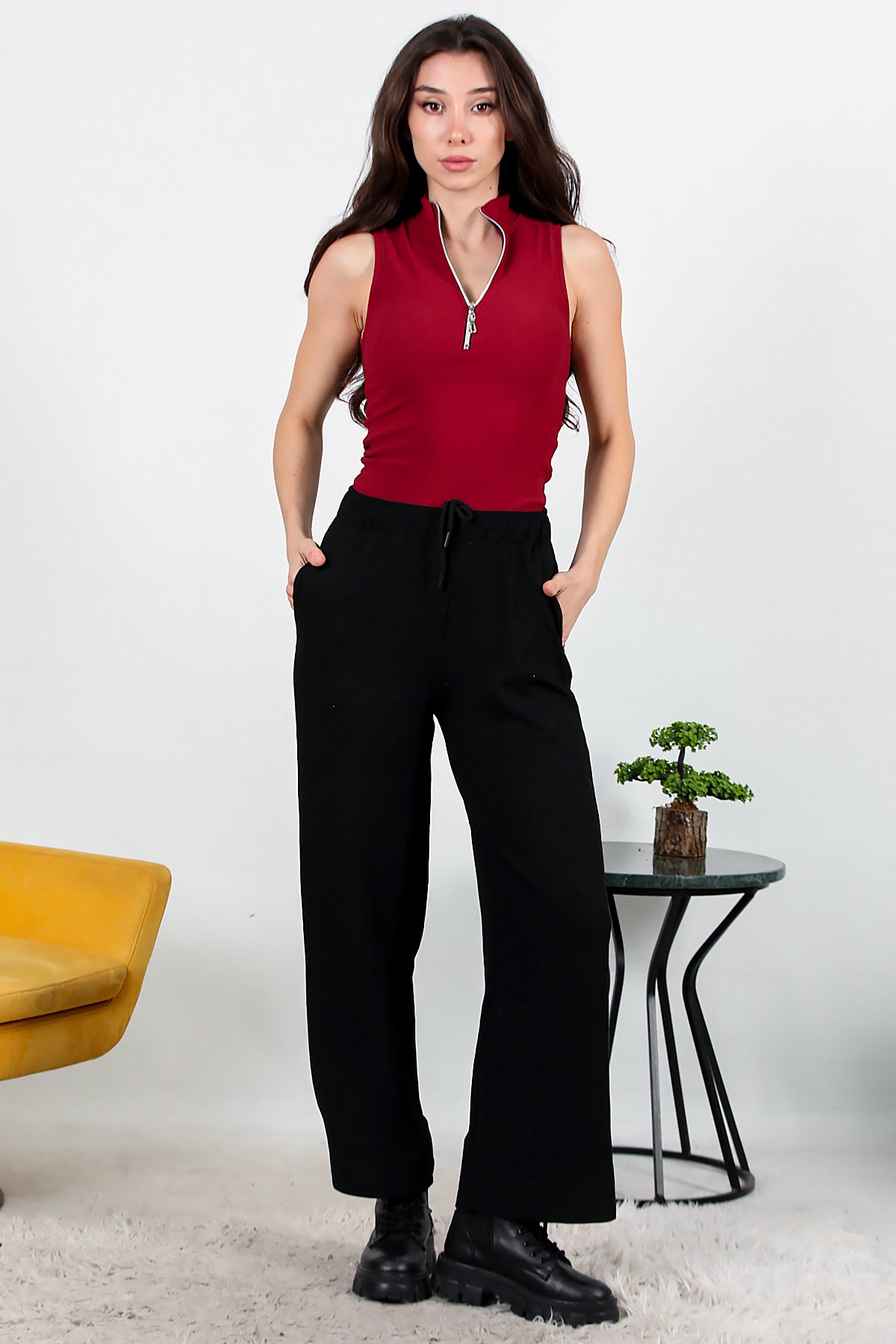 Kadın Bol Paça Waffle Eşofman Siyah