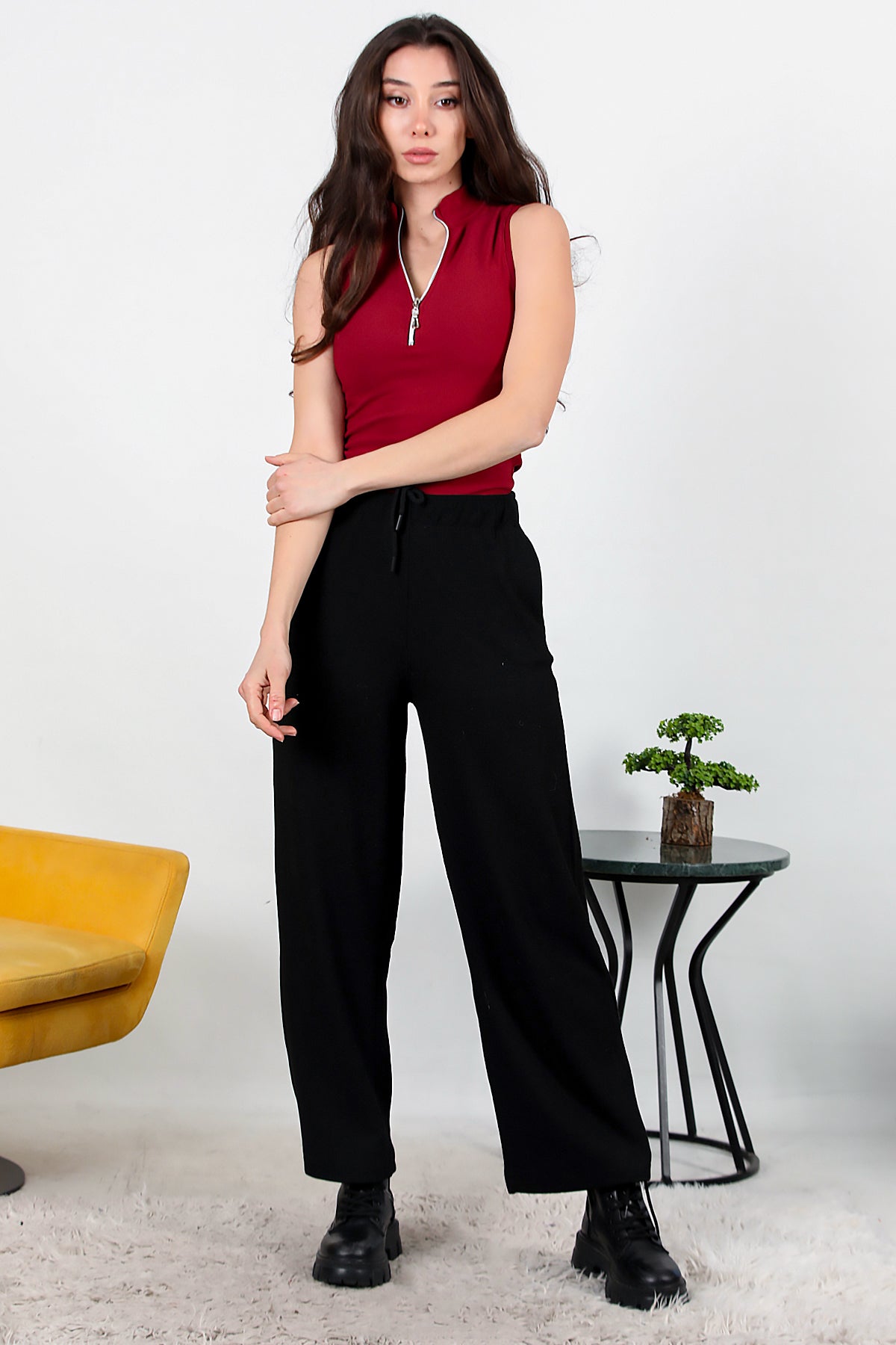 Kadın Bol Paça Waffle Eşofman Siyah