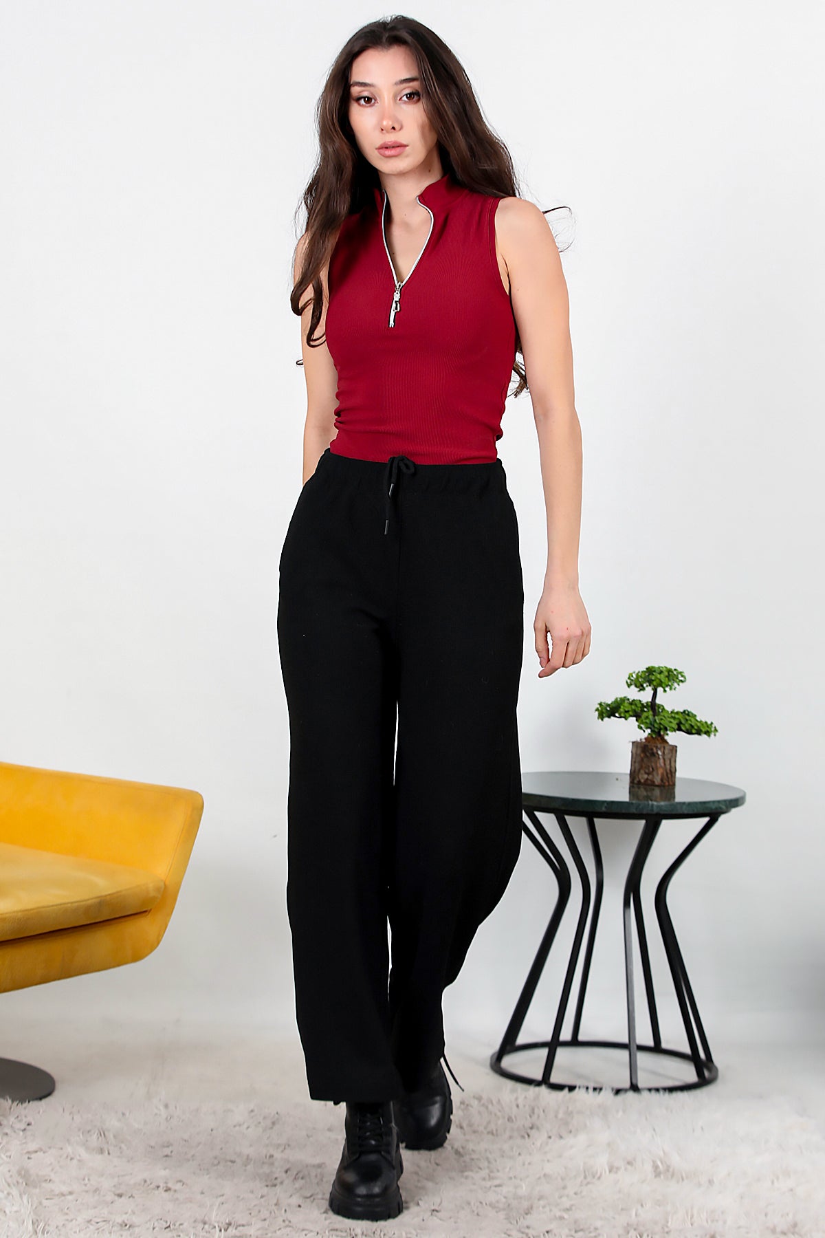 Kadın Bol Paça Waffle Eşofman Siyah