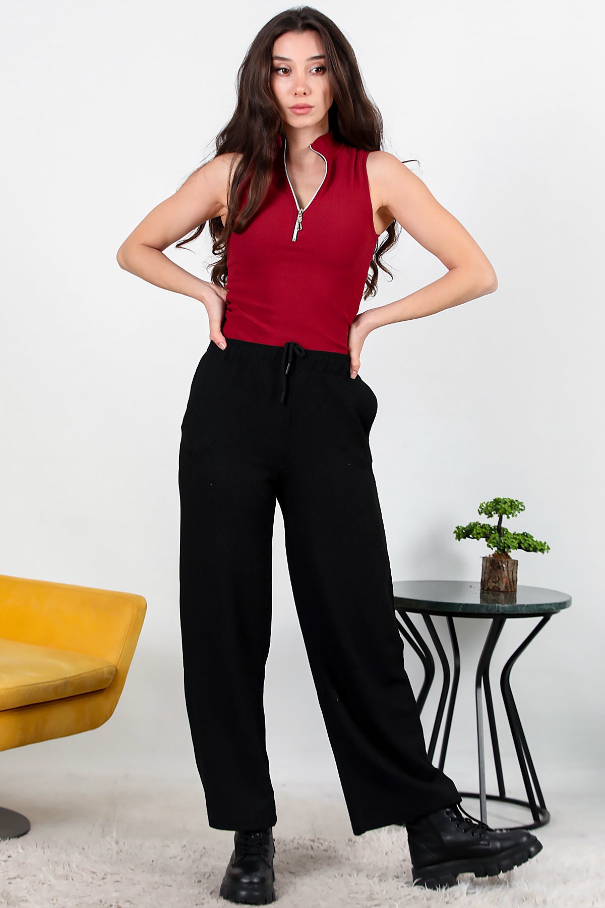 Kadın Bol Paça Waffle Eşofman Siyah