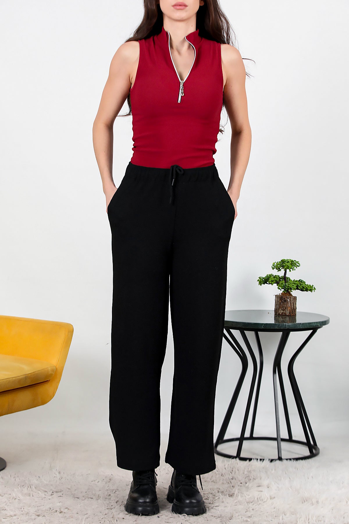 Kadın Bol Paça Waffle Eşofman Siyah