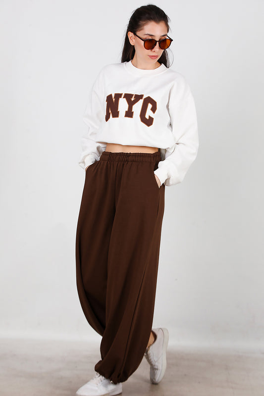 Kadın Cepli Paça Lastikli Eşofman Kahverengi