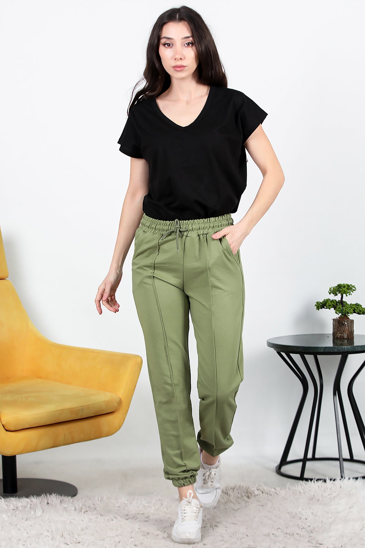 Kadın İki İplik Çimalı Paça Lastikli Eşofman Haki