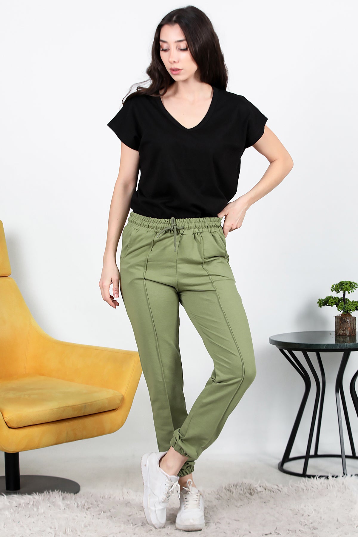 Kadın İki İplik Çimalı Paça Lastikli Eşofman Haki