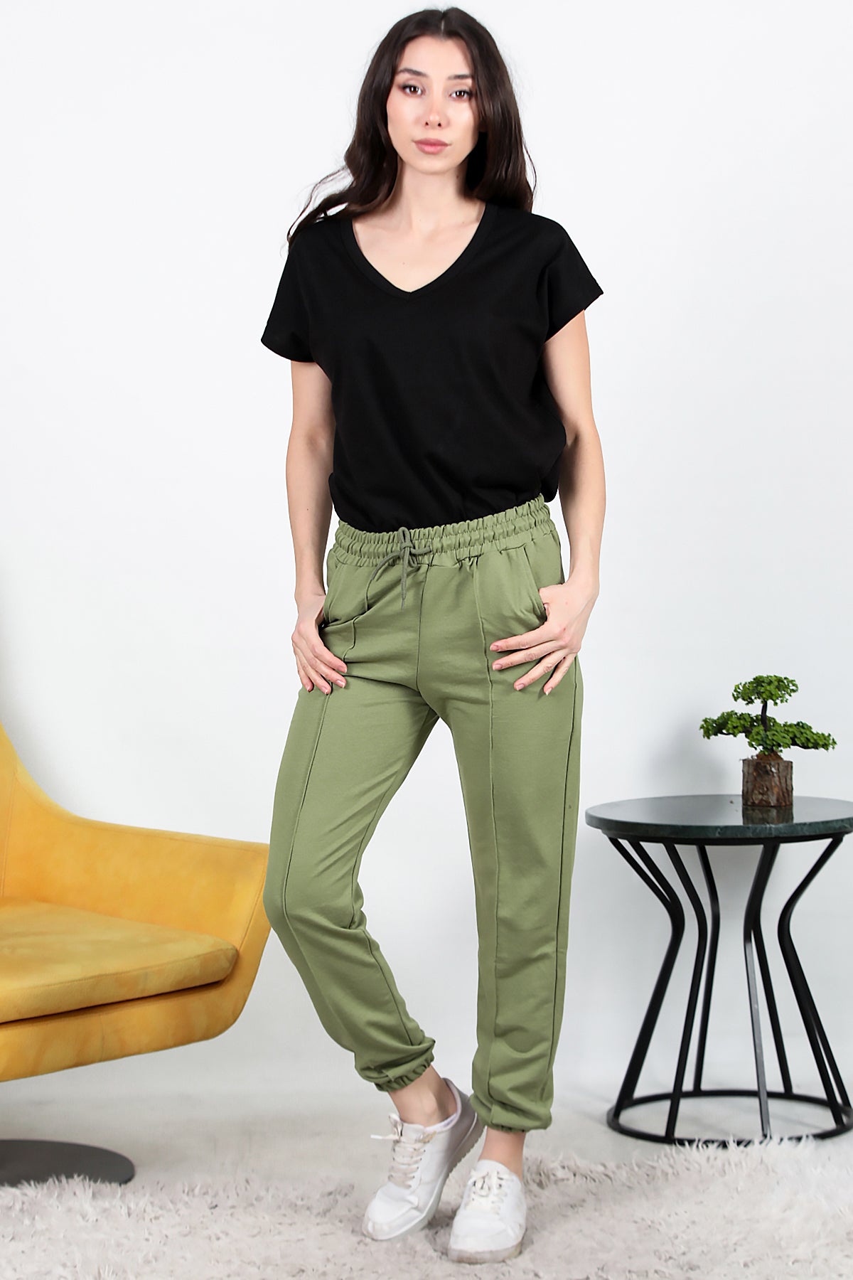 Kadın İki İplik Çimalı Paça Lastikli Eşofman Haki