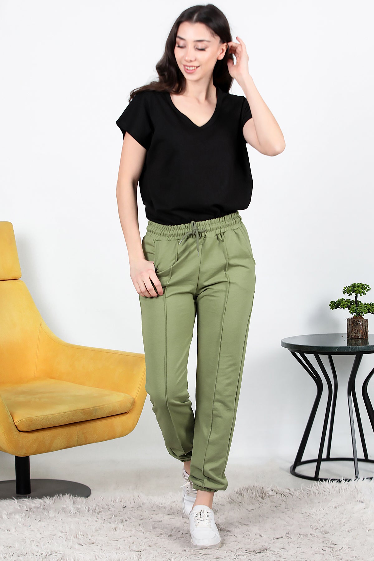 Kadın İki İplik Çimalı Paça Lastikli Eşofman Haki