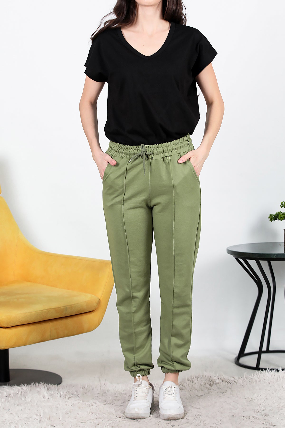 Kadın İki İplik Çimalı Paça Lastikli Eşofman Haki