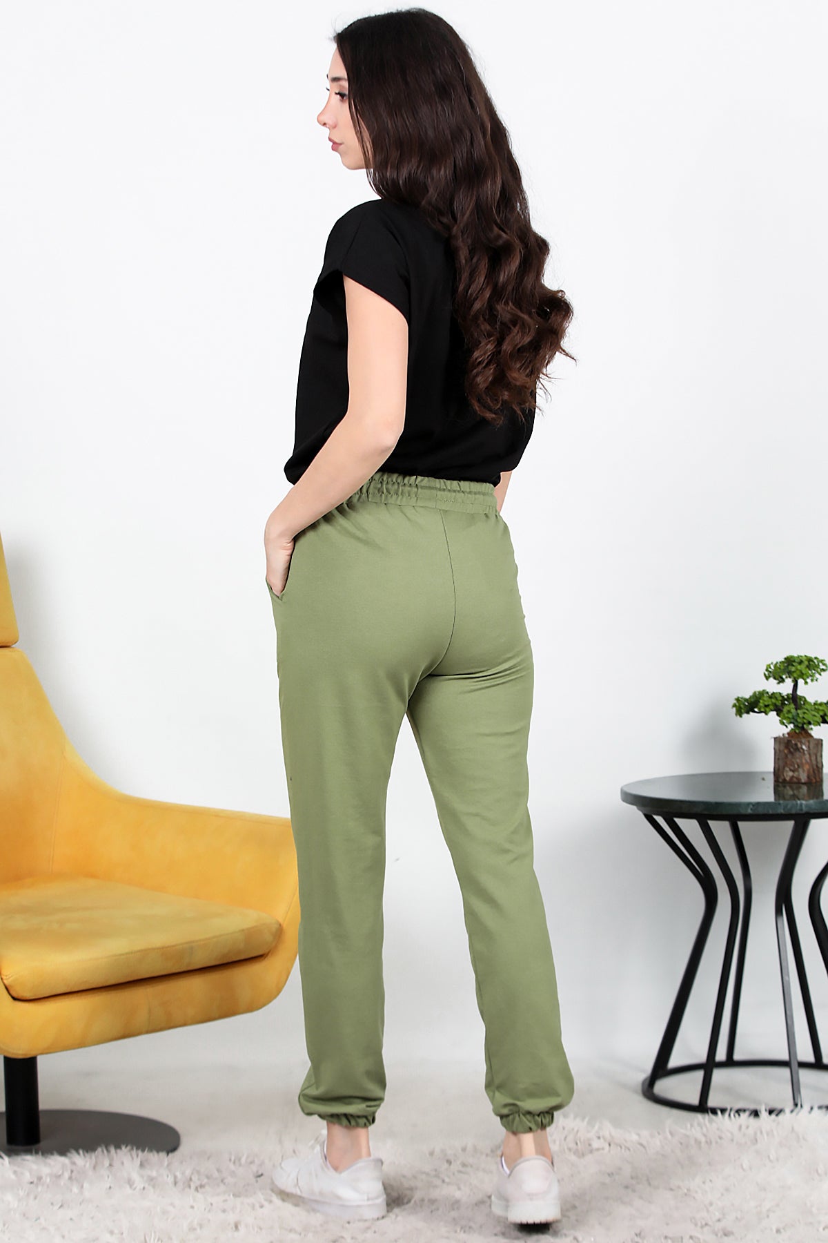 Kadın İki İplik Çimalı Paça Lastikli Eşofman Haki