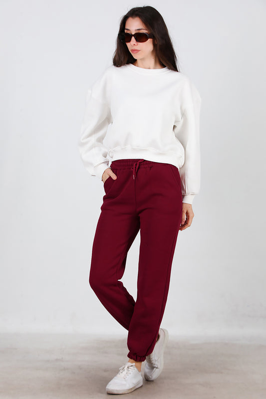 Kadın Bel Paça Lastikli Üç İplik Eşofman Bordo