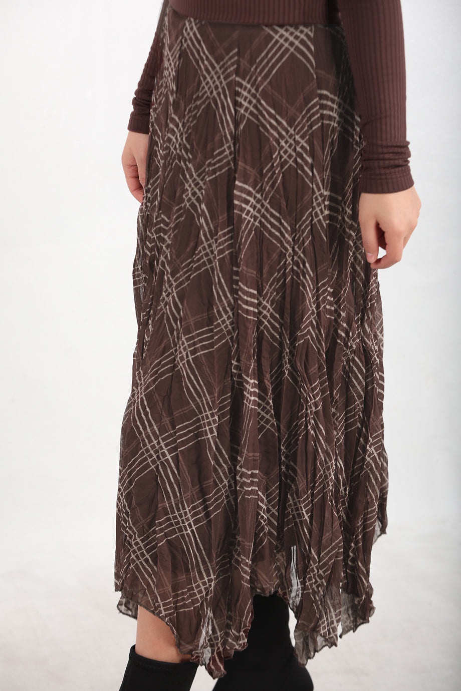 Asymplaid Kadın Ekose Desenli Asimetrik Etek Kahverengi