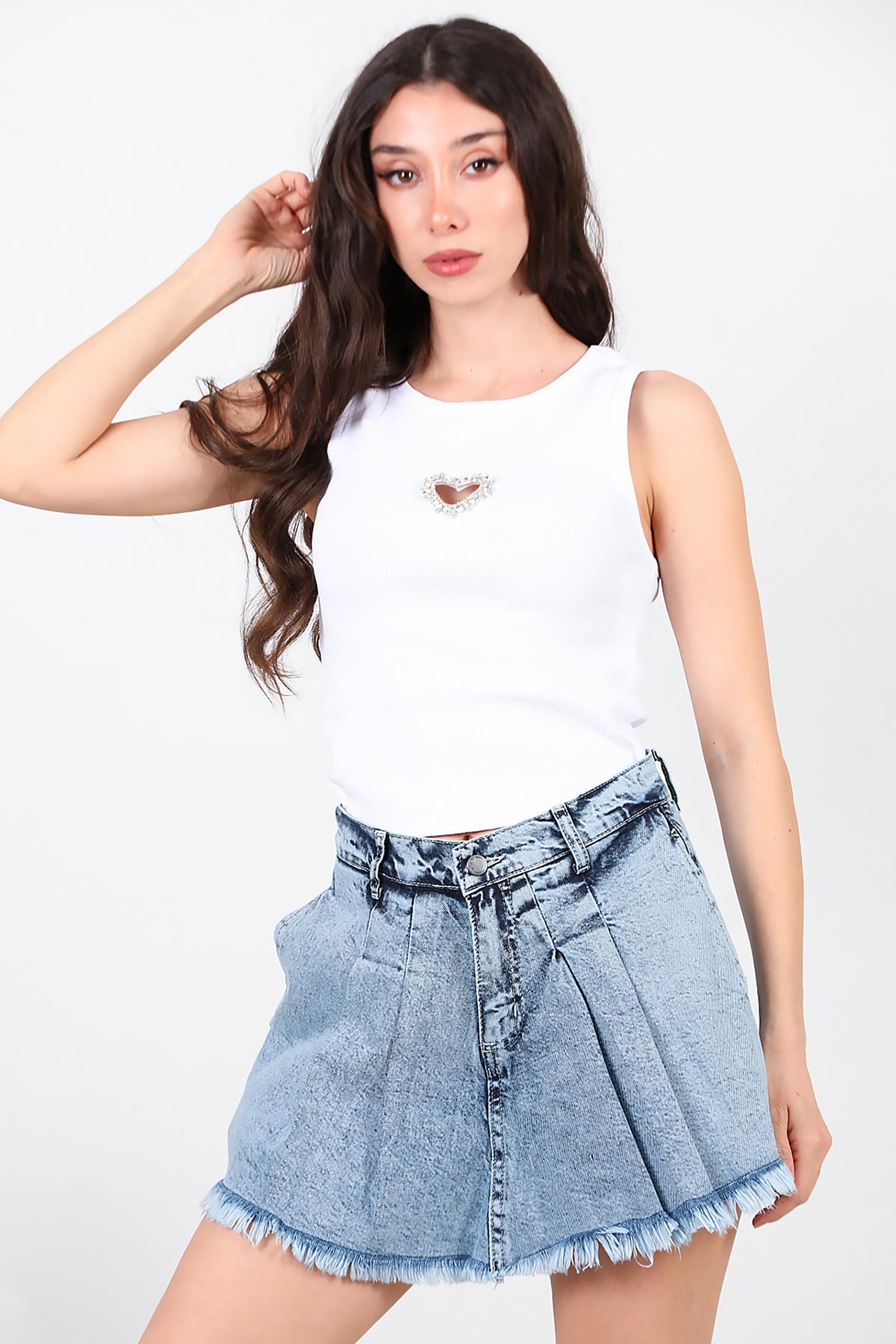 Kadın Pileli Kot Şort Etek Kot