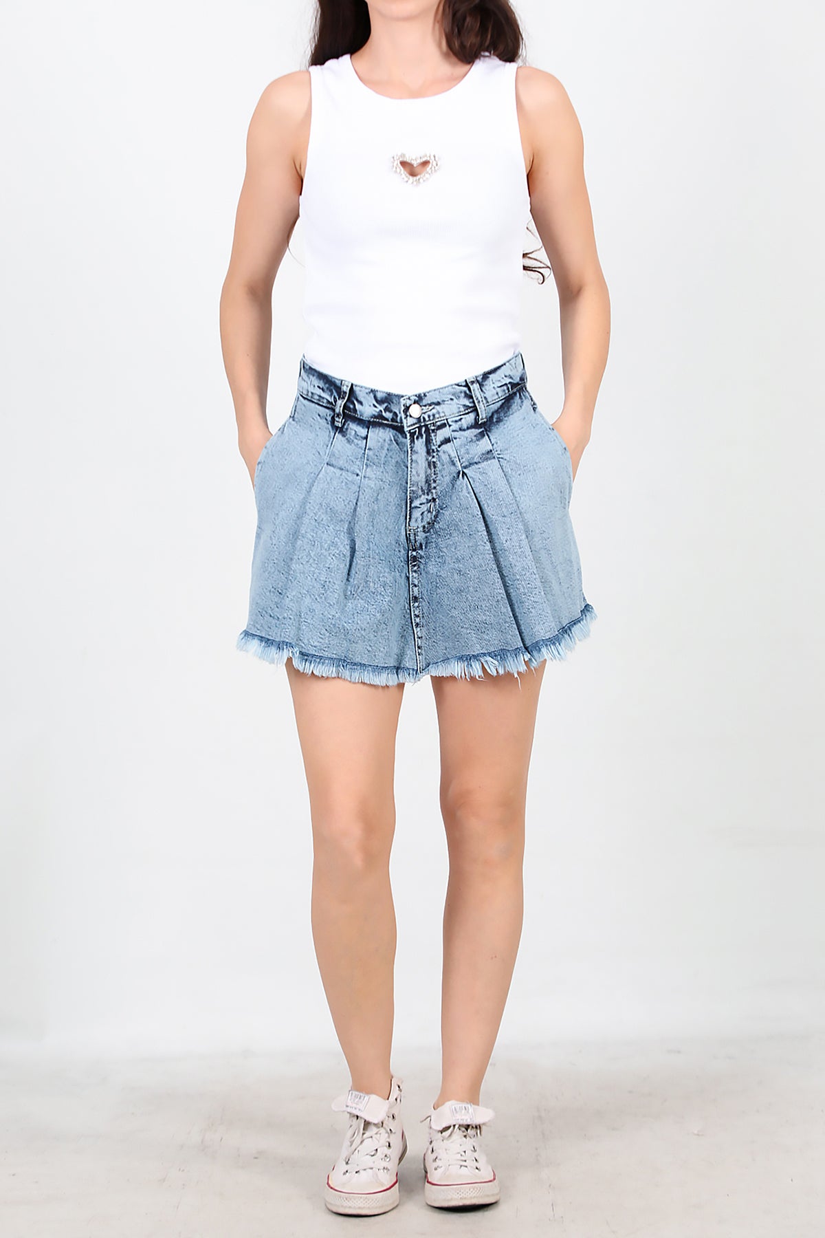 Kadın Pileli Kot Şort Etek Kot