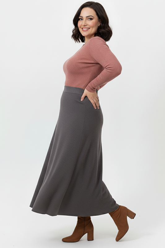 Büyük Beden Uzun Çan Etek Kahverengi