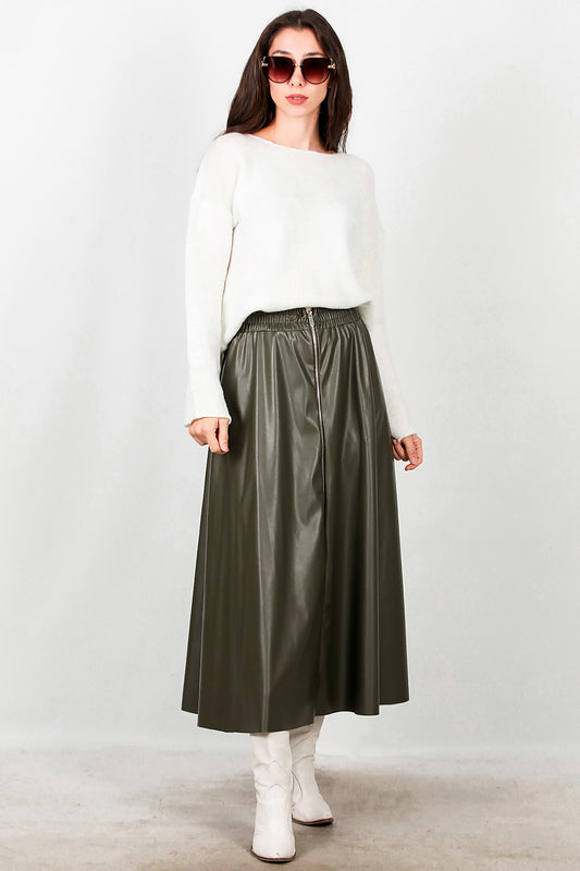 Kadın Önü Fermuarlı Deri Etek Haki