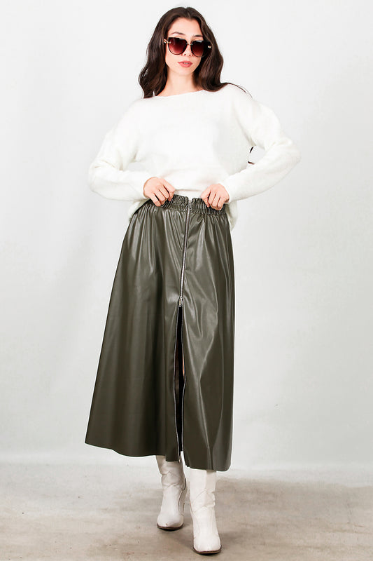 Kadın Önü Fermuarlı Deri Etek Haki