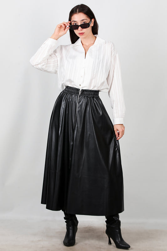 Kadın Önü Fermuarlı Deri Etek Siyah