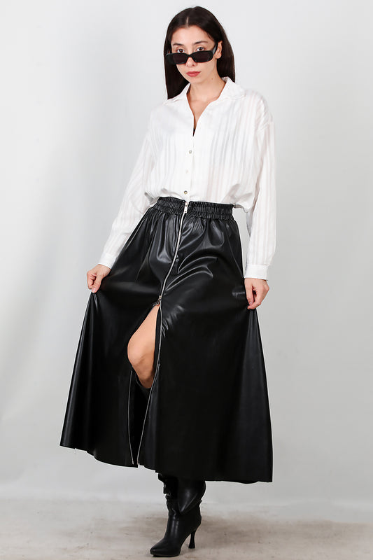 Kadın Önü Fermuarlı Deri Etek Siyah