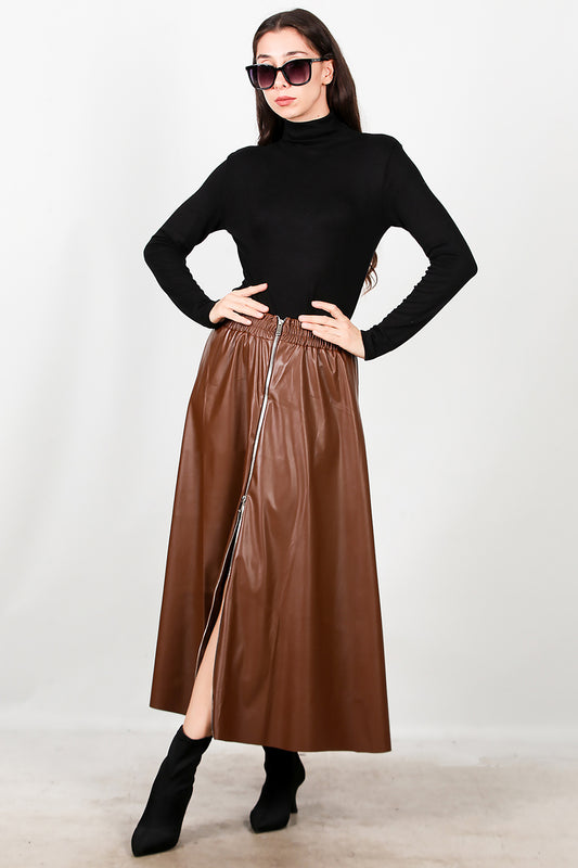 Kadın Önü Fermuarlı Deri Etek Taba