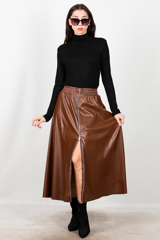 Kadın Önü Fermuarlı Deri Etek Taba