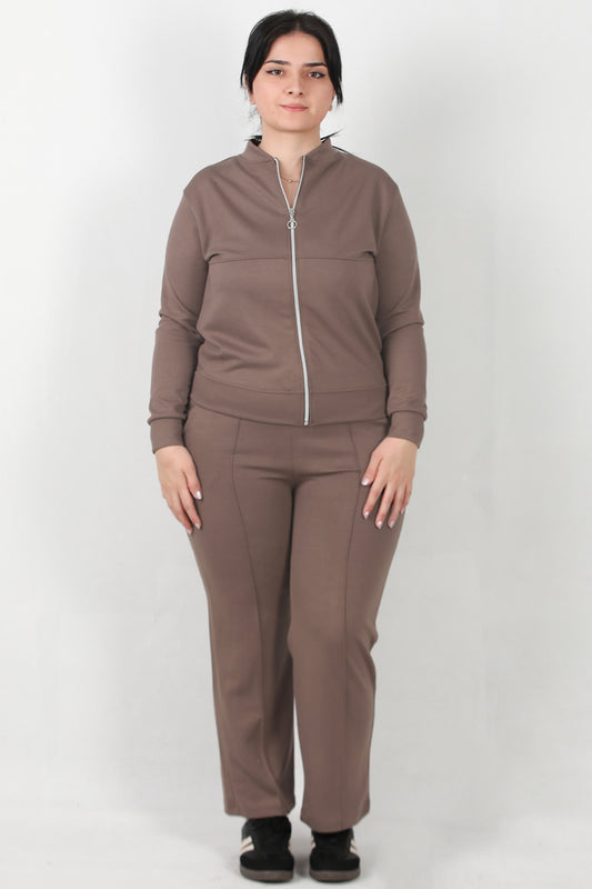 Sculpt Büyük Beden Fermuarlı Ön Dikiş Detay İkili Takım Açık Kahverengi