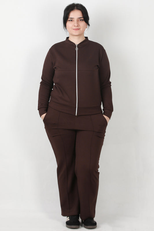 Sculpt Büyük Beden Fermuarlı Ön Dikiş Detay İkili Takım Kahverengi