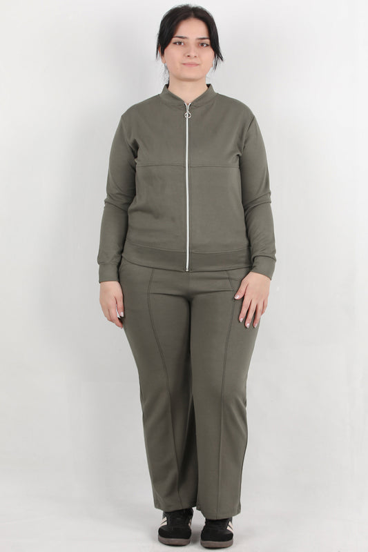 Sculpt Büyük Beden Fermuarlı Ön Dikiş Detay İkili Takım Haki
