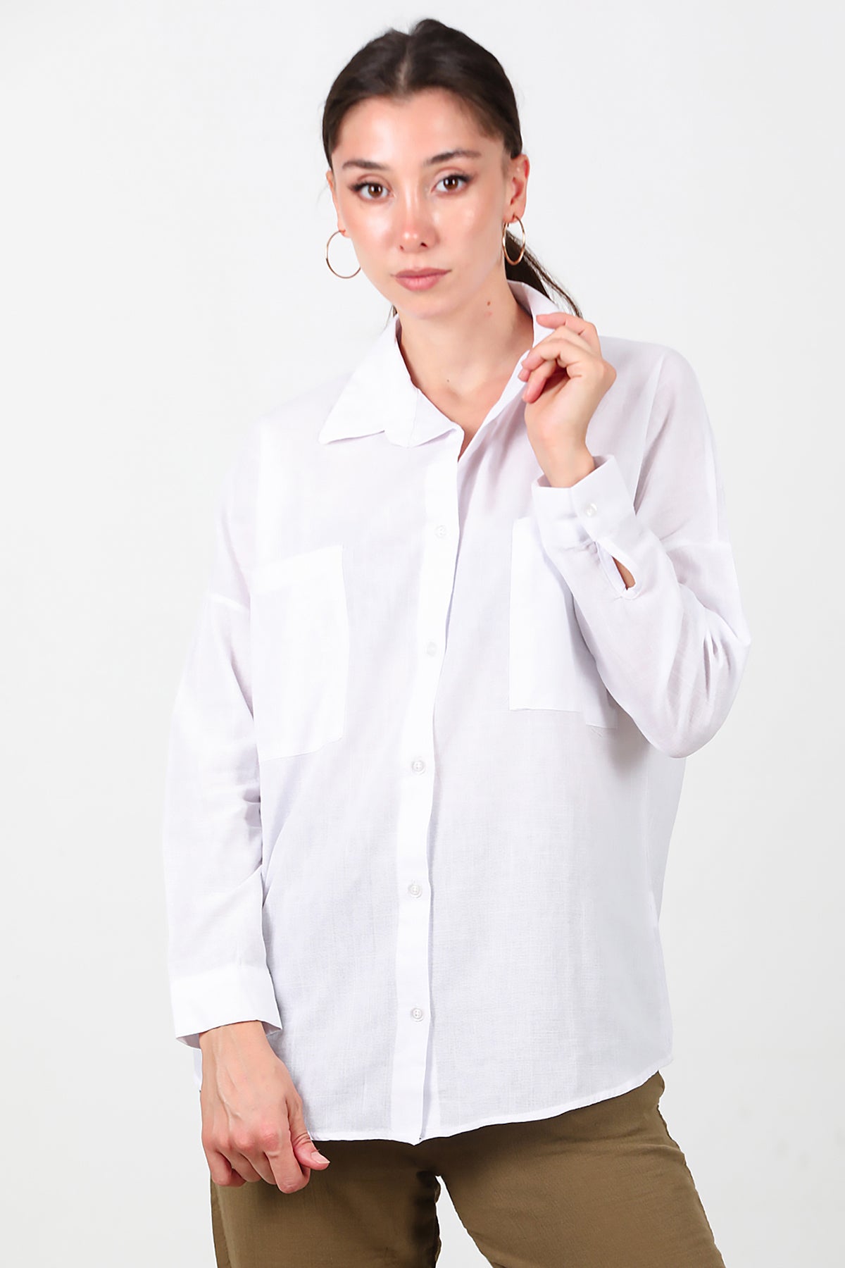 Kadın İki Cepli Oversize Gömlek Beyaz