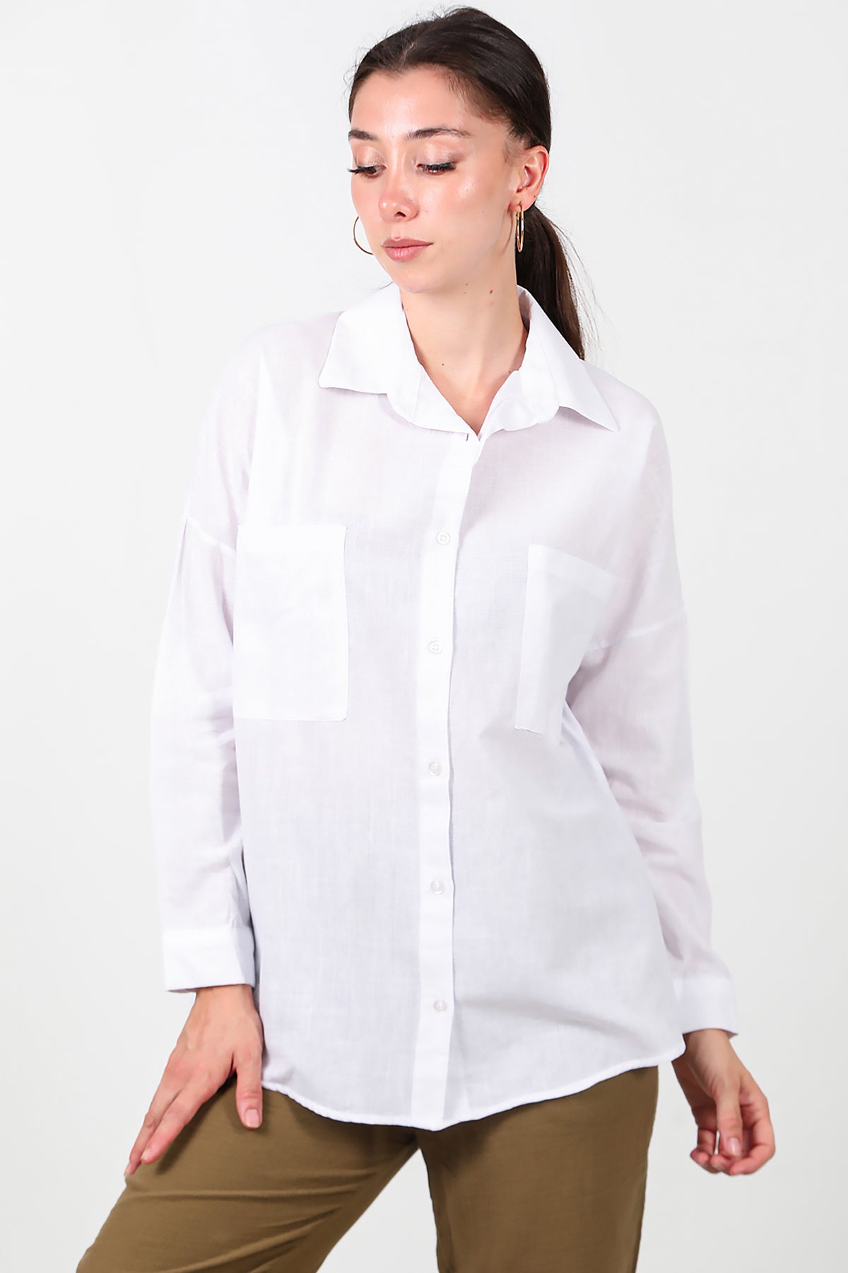 Kadın İki Cepli Oversize Gömlek Beyaz