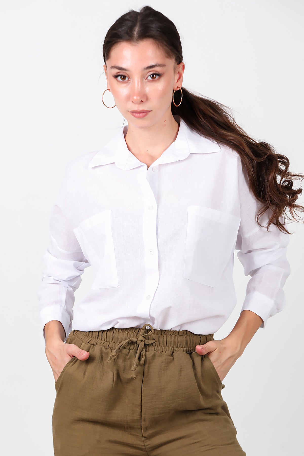 Kadın İki Cepli Oversize Gömlek Beyaz