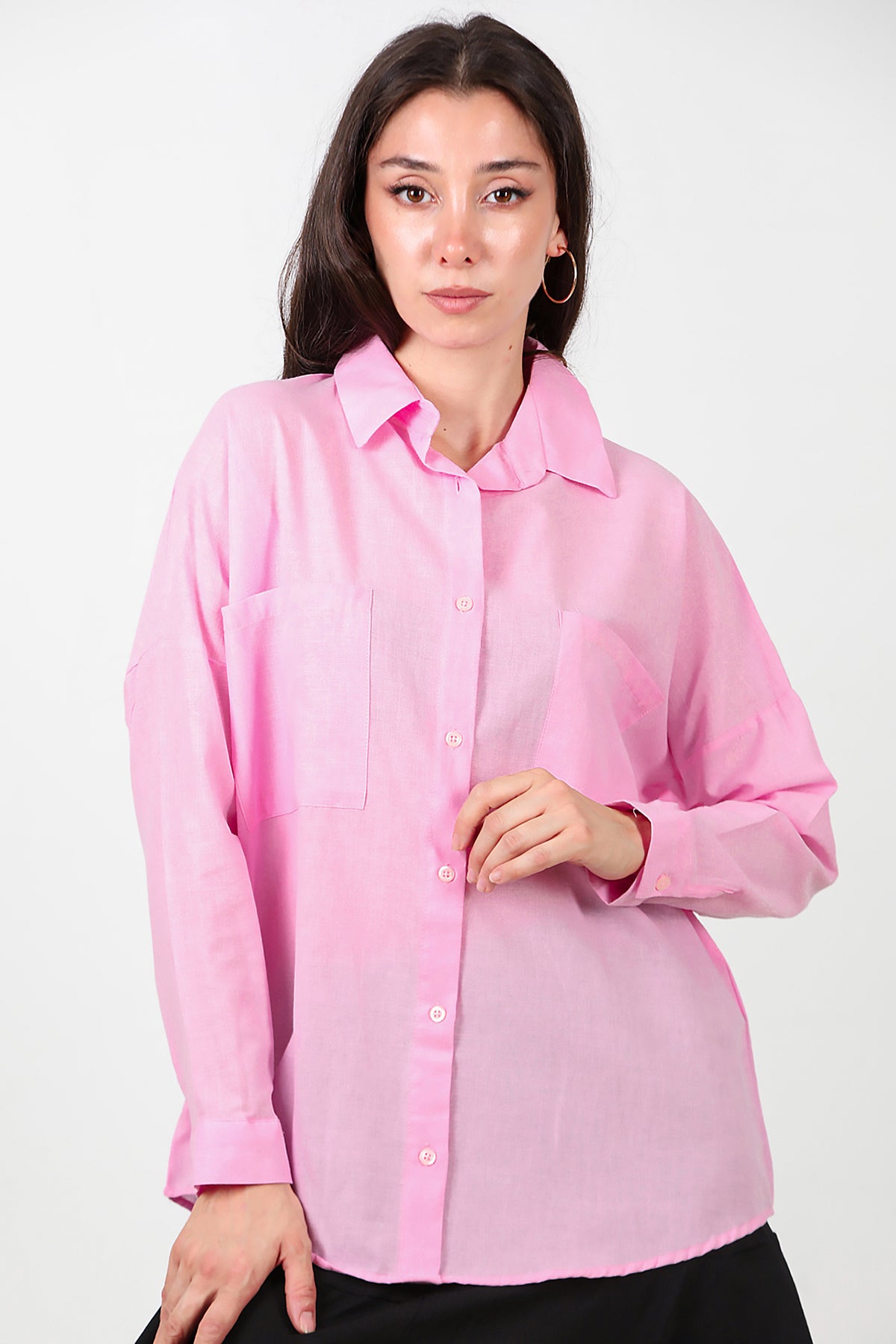 Kadın İki Cepli Oversize Gömlek Pembe
