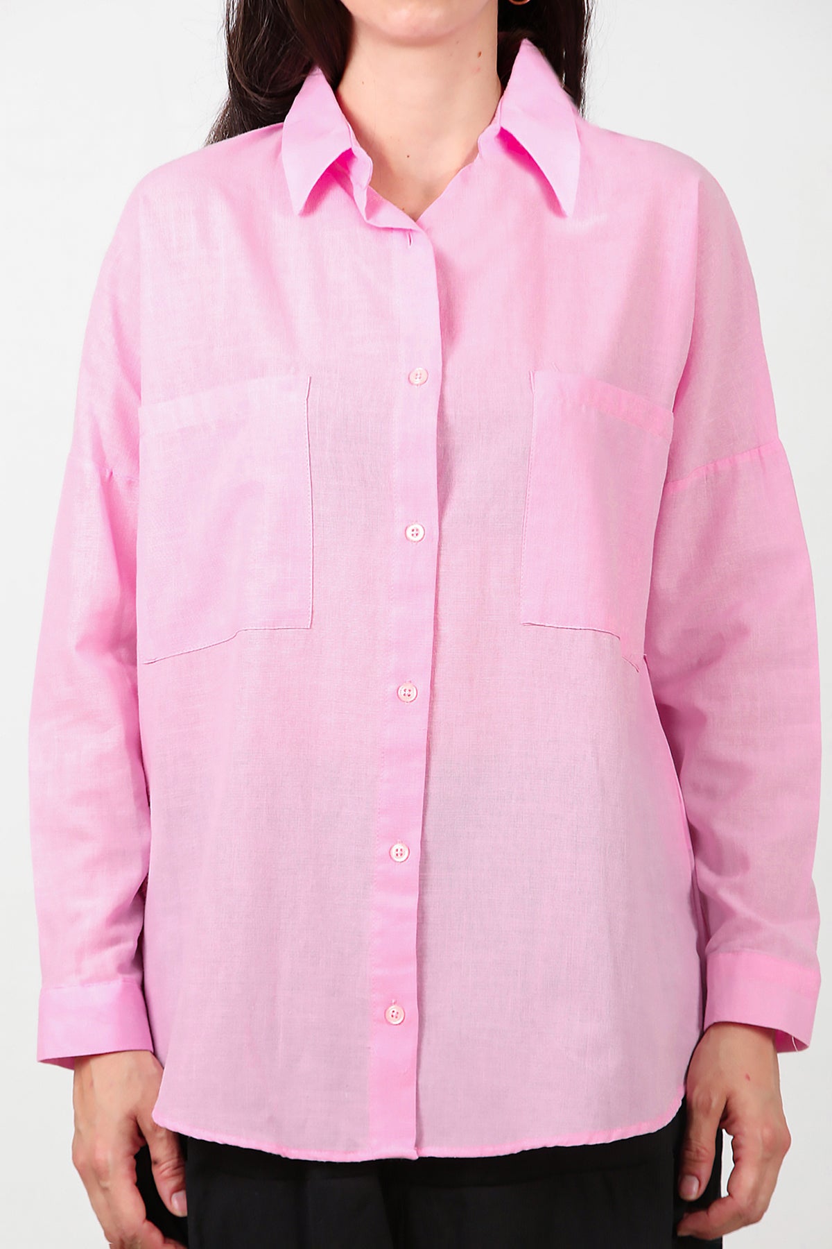 Kadın İki Cepli Oversize Gömlek Pembe