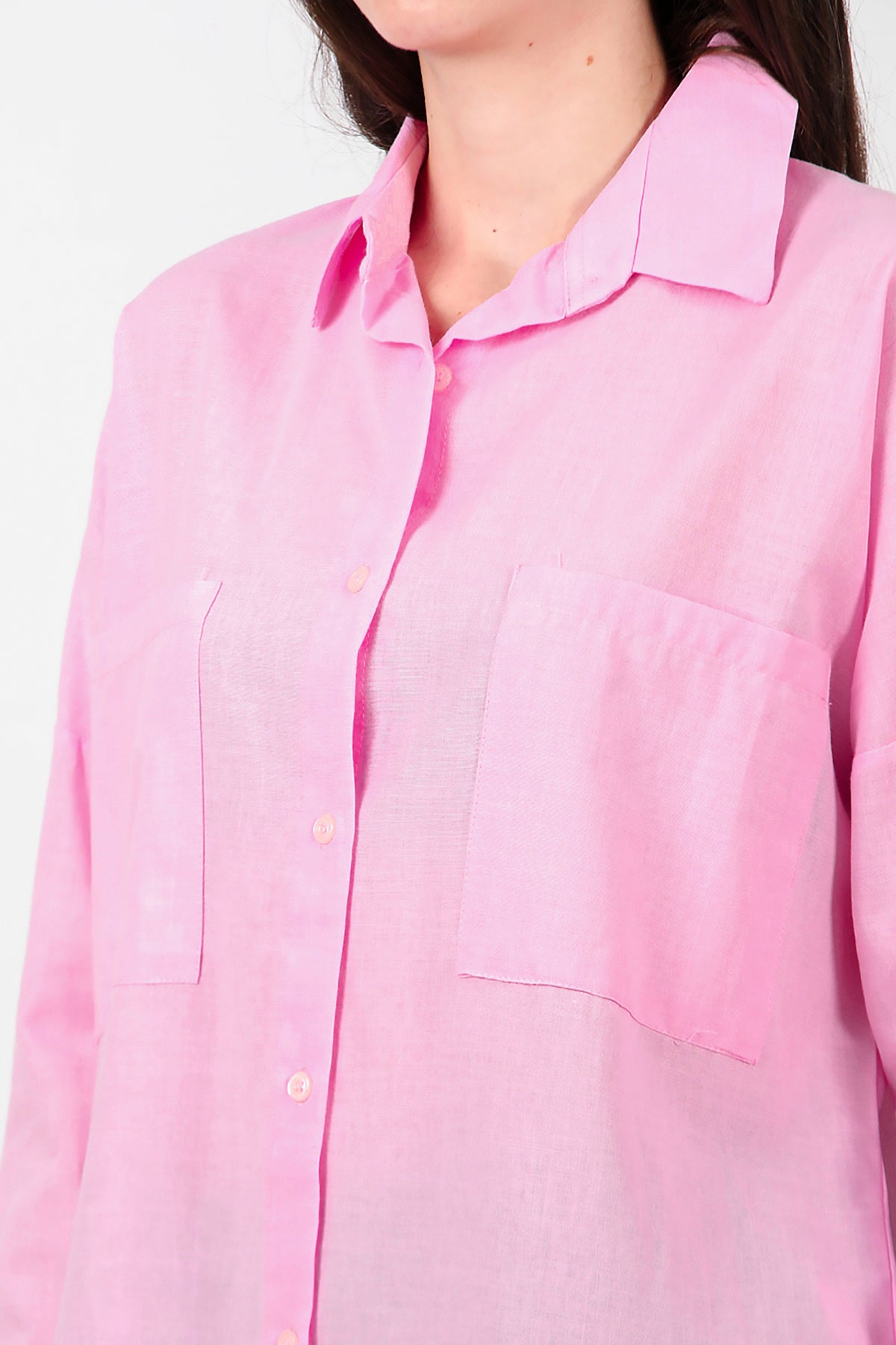 Kadın İki Cepli Oversize Gömlek Pembe