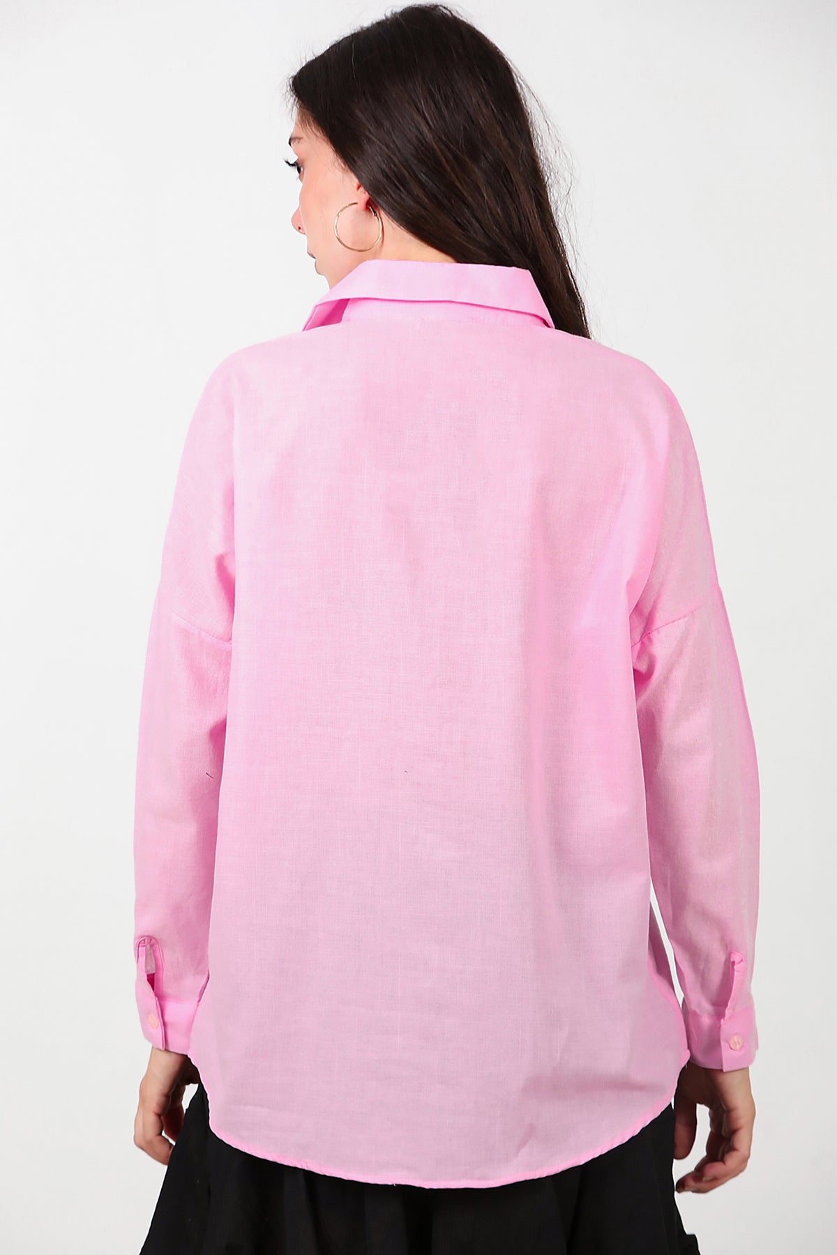 Kadın İki Cepli Oversize Gömlek Pembe
