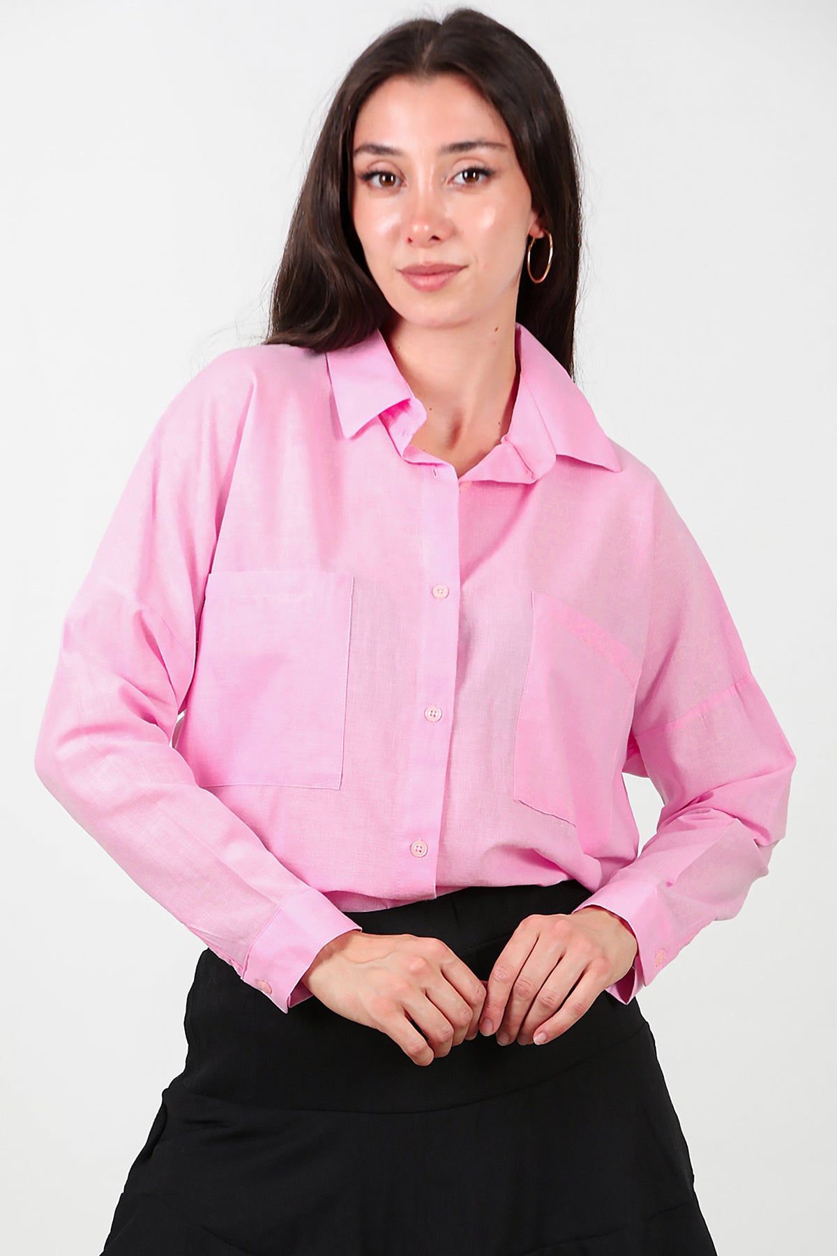 Kadın İki Cepli Oversize Gömlek Pembe