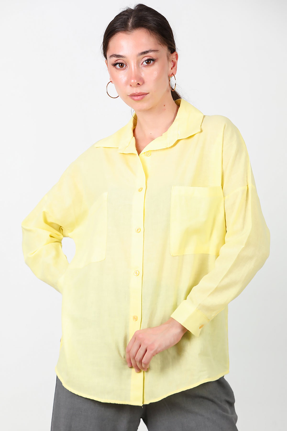Kadın İki Cepli Oversize Gömlek Sarı
