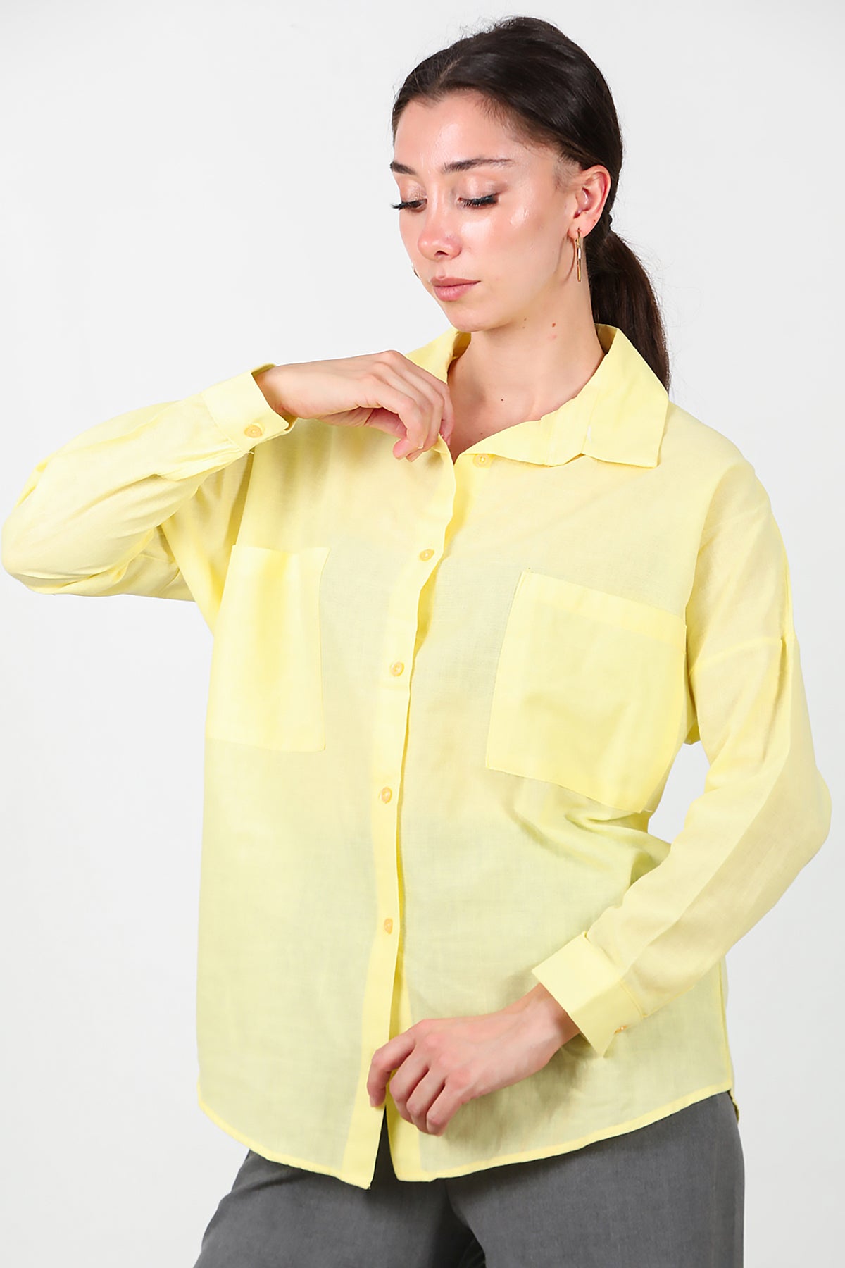 Kadın İki Cepli Oversize Gömlek Sarı