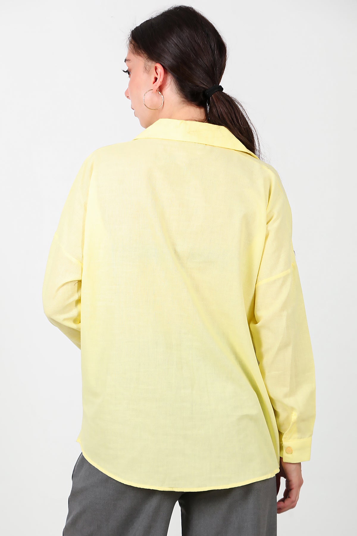Kadın İki Cepli Oversize Gömlek Sarı