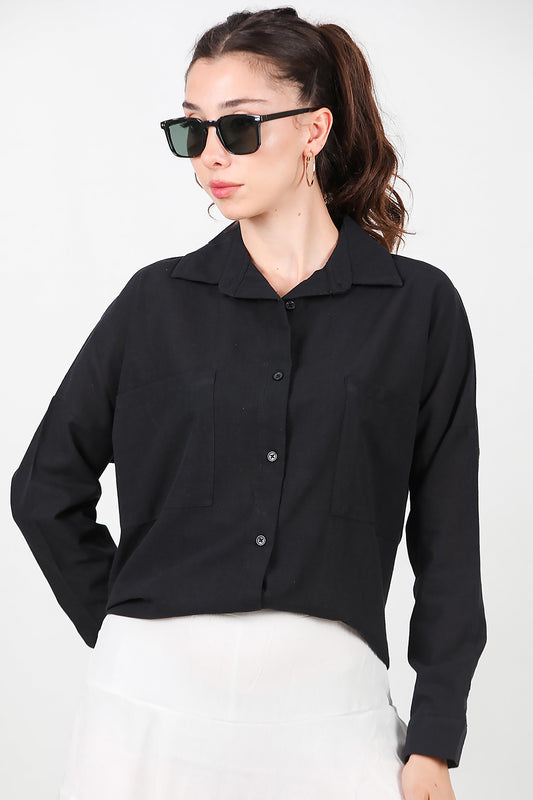 Kadın İki Cepli Oversize Gömlek Siyah