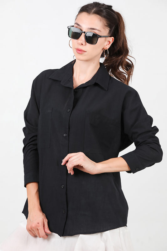 Kadın İki Cepli Oversize Gömlek Siyah