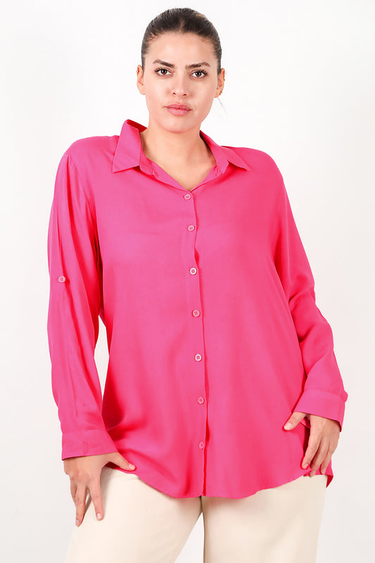 Büyük Beden Kol Katlamalı Gömlek Fuşya