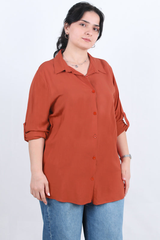 Serene Büyük Beden Kol Katlamalı Gömlek Kiremit